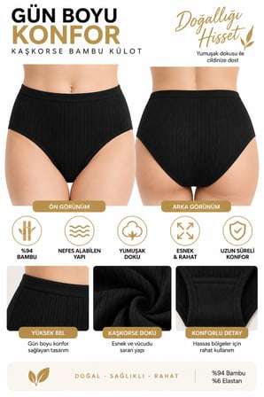 Kadın Kaşkorse Bambu Bato Külot 3'lü Paket Yüksek Bel %94 Bambu %6 Elastan Esnek Rahat