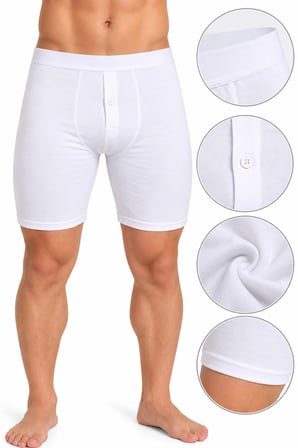 Erkek Düğmeli Uzun Paça Boxer %95 Pamuk %5 Elastan Likralı Esnek Beyaz İç Giyim S-M-L