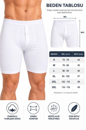 Erkek Düğmeli Uzun Paça Boxer %95 Pamuk %5 Elastan Likralı Esnek Beyaz İç Giyim S-M-L