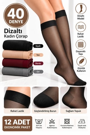 Kadın Nefti 40 Denye Dizaltı Çorap 12’li Paket Burun Takviyeli Orta Kalın %100 Polyamid