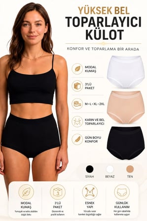 Kadın Modal Yüksek Bel Toparlayıcı Külot 3'lü Paket M-L-XL-2XL Siyah Beyaz Ten
