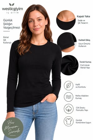 Kadın Siyah Uzun Kollu Basic T-Shirt Kapalı Bisiklet Yaka Full Likralı Esnek Pamuklu