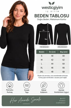 Kadın Siyah Uzun Kollu Basic T-Shirt Kapalı Bisiklet Yaka Full Likralı Esnek Pamuklu