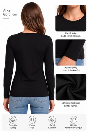 Kadın Siyah Uzun Kollu Basic T-Shirt Kapalı Bisiklet Yaka Full Likralı Esnek Pamuklu