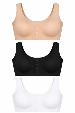 3'lü Paket Önden Çıtçıtlı Lazer Kesim Dikişsiz Sütyen Çıkarılabilir Pedli Balensiz Günlük Toparlayıcı Büstiyer Siyah Beyaz Ten S-2XL