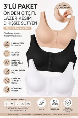3'lü Paket Önden Çıtçıtlı Lazer Kesim Dikişsiz Sütyen Çıkarılabilir Pedli Balensiz Günlük Toparlayıcı Büstiyer Siyah Beyaz Ten S-2XL