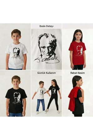 Atatürk Baskılı Çocuk Tişört Unisex Pamuklu Kısa Kollu Tişört