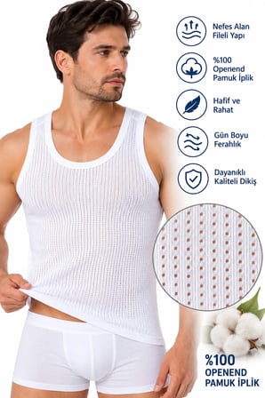 Erkek Fileli Atlet 6’lı Paket %100 Openend Pamuk Nefes Alan Beyaz Erkek İç Giyim Atlet S-M-L