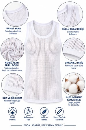 Erkek Fileli Atlet 6’lı Paket %100 Openend Pamuk Nefes Alan Beyaz Erkek İç Giyim Atlet S-M-L
