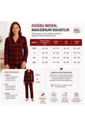 Kadın Süet Pijama Takımı Kırmızı Ekose Desenli Uzun Kollu Düğmeli Yumuşak Dokulu Kışlık S/M-2XL