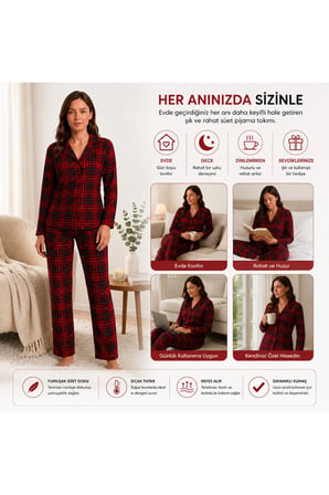 Kadın Süet Pijama Takımı Kırmızı Ekose Desenli Uzun Kollu Düğmeli Yumuşak Dokulu Kışlık S/M-2XL