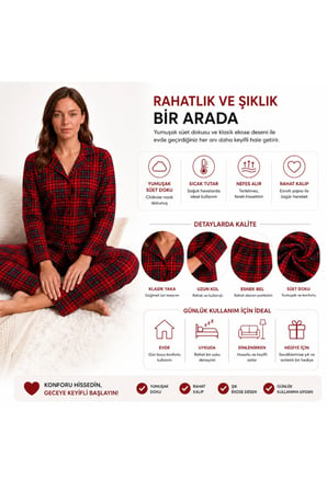 Kadın Süet Pijama Takımı Kırmızı Ekose Desenli Uzun Kollu Düğmeli Yumuşak Dokulu Kışlık S/M-2XL