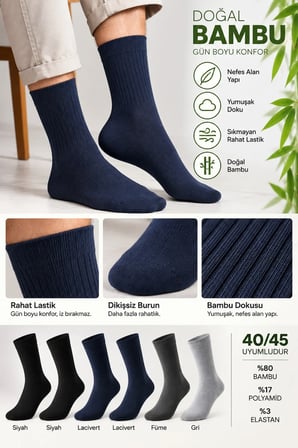 Bambu Çorabı 6’lı Asorti Paket Lastiksiz Sıkmayan Erkek Çorap 40-45