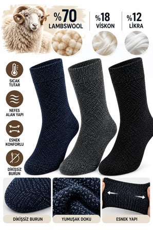 Erkek Lambswool Yünlü Çorap 3'lü Kışlık Dikişsiz Sıcak Tutan 40-44