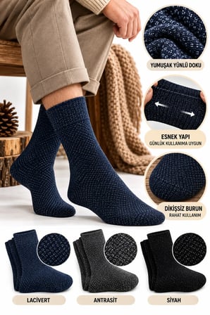 Erkek Lambswool Yünlü Çorap 3'lü Kışlık Dikişsiz Sıcak Tutan 40-44
