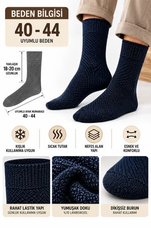 Erkek Lambswool Yünlü Çorap 3'lü Kışlık Dikişsiz Sıcak Tutan 40-44