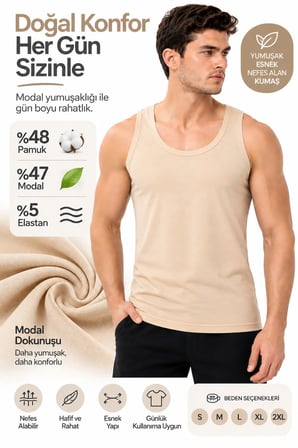 2'li Paket Erkek Ten Rengi Modal Atlet Pamuklu Esnek Nefes Alan Yumuşak Günlük İç Giyim S M L XL 2XL