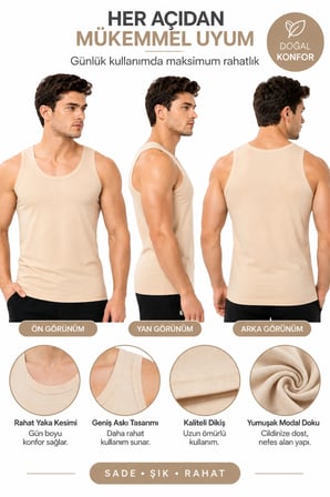 2'li Paket Erkek Ten Rengi Modal Atlet Pamuklu Esnek Nefes Alan Yumuşak Günlük İç Giyim S M L XL 2XL