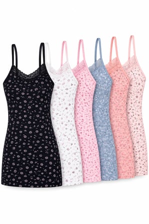Kadın İp Askılı Dantelli Atlet 6’lı Paket %95 Pamuk Likralı Desenli Asorti İç Giyim M-L-XL-2XL