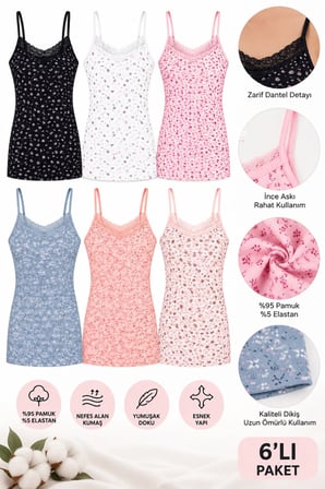 Kadın İp Askılı Dantelli Atlet 6’lı Paket %95 Pamuk Likralı Desenli Asorti İç Giyim M-L-XL-2XL