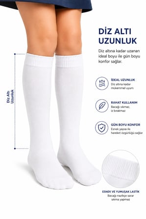 3'lü Paket Çocuk Dizaltı Çorap %80 Pamuk Beyaz Siyah Renk Seçeneği 7-8 Yaş 9-10 Yaş 11-12 Yaş Esnek Rahat Günlük Okul Çorabı