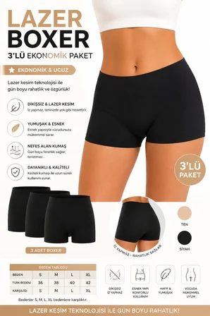 3'lü Lazer Kesim Kadın Boxer Külot Dikişsiz İz Yapmaz Esnek Rahat S-M-L-XL (36-42)