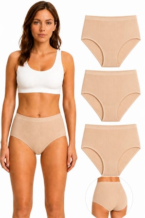 3'lü Paket Yüksek Bel Çizgili Bato Kadın Külot %100 Pamuk Geniş Kalıp Siyah Beyaz Ten M-3XL