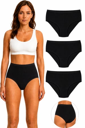 3'lü Paket Yüksek Bel Çizgili Bato Kadın Külot %100 Pamuk Geniş Kalıp Siyah Beyaz Ten M-3XL