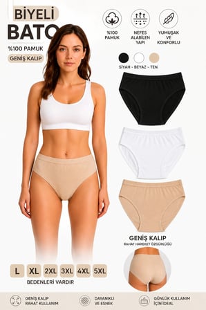 Biyeli Bato Kadın Külot 3'lü Paket %100 Pamuk Geniş Kalıp Yüksek Bel Siyah Beyaz Ten L XL 2XL 3XL 4XL 5XL Büyük Beden
