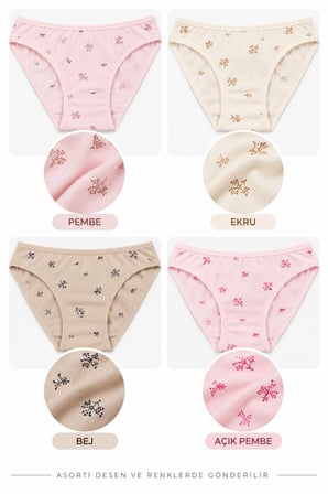 Kadın Çiçekli Likralı Bikini Külot 4'lü Paket %100 Pamuk Yumuşak Rahat Asorti Desenli M L XL