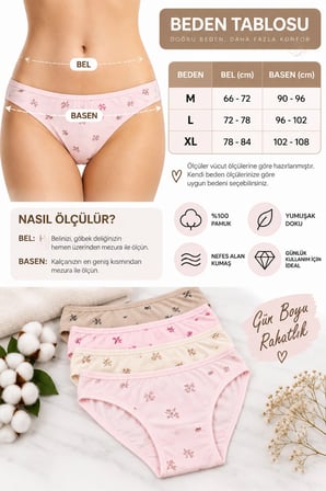 Kadın Çiçekli Likralı Bikini Külot 4'lü Paket %100 Pamuk Yumuşak Rahat Asorti Desenli M L XL