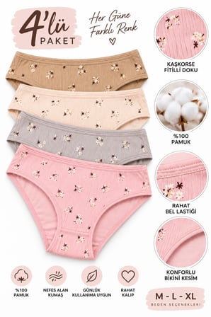 Kadın Kaşkorse Fitilli Bikini Külot 4’lü Paket %100 Pamuk Desenli Asorti Renk M-L-XL