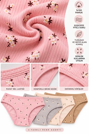 Kadın Kaşkorse Fitilli Bikini Külot 4’lü Paket %100 Pamuk Desenli Asorti Renk M-L-XL