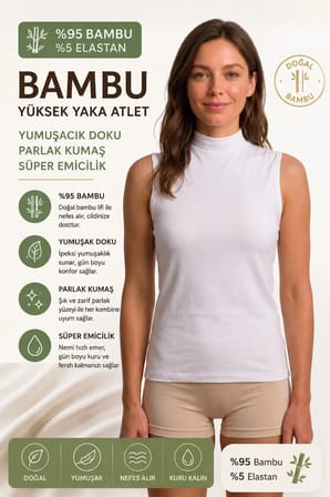 Kadın Bambu Yüksek Yaka Atlet Yumuşak Dokulu Nefes Alan Parlak Kumaş Beyaz Atlet