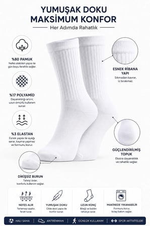 Beyaz Spor Çorabı 3 Çift %80 Pamuk Uzun Konç Halı Saha Futbol Antrenman Kadın Erkek Unisex 40-44