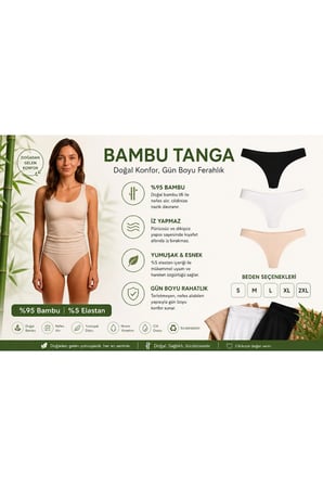Bambu Tanga Kadın String Külot İz Yapmaz Dikişsiz Siyah Beyaz Ten 3'lü Paket