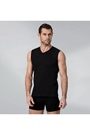 2 Adet Siyah Renk Kolsuz V Yaka Ribana Atlet