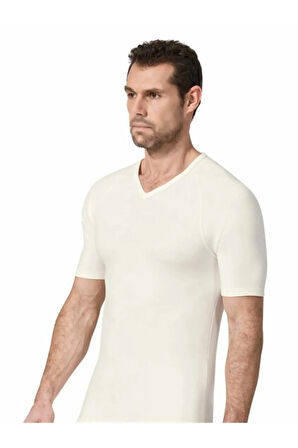 1 Adet Ekru Renk Termal V Yaka Kısa Kol Içlik