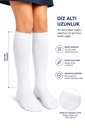 3'lü Paket Çocuk Dizaltı Çorap %80 Pamuk Beyaz Siyah Renk Seçeneği 7-8 Yaş 9-10 Yaş 11-12 Yaş Esnek Rahat Günlük Okul Çorabı
