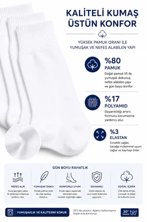 3'lü Paket Çocuk Dizaltı Çorap %80 Pamuk Beyaz Siyah Renk Seçeneği 7-8 Yaş 9-10 Yaş 11-12 Yaş Esnek Rahat Günlük Okul Çorabı