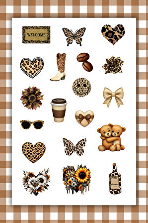 4 Sayfa Kahverengi-Brown-Leopar Sticker Set Planner Ajanda Bullet Journal Için Uygun Set