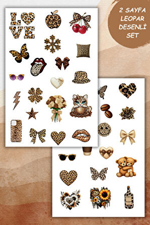2 Sayfa Kahverengi-Leopar Sticker Set Planner Ajanda Bullet Journal için Uygun Set