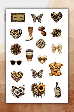 2 Sayfa Kahverengi-Leopar Sticker Set Planner Ajanda Bullet Journal için Uygun Set