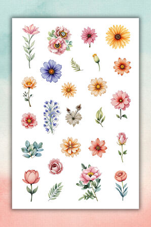 Karışık soft çiçek sticker seti (1 sayfa)