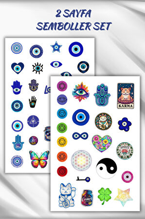 2 Sayfa Semboller,Nazar Boncuğu,Çakralar,Sri yantra Sticker Set/Etiket