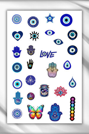2 Sayfa Semboller,Nazar Boncuğu,Çakralar,Sri yantra Sticker Set/Etiket