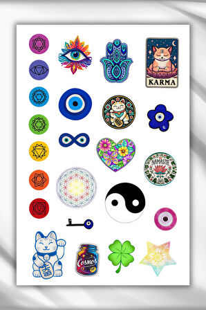 2 Sayfa Semboller,Nazar Boncuğu,Çakralar,Sri yantra Sticker Set/Etiket