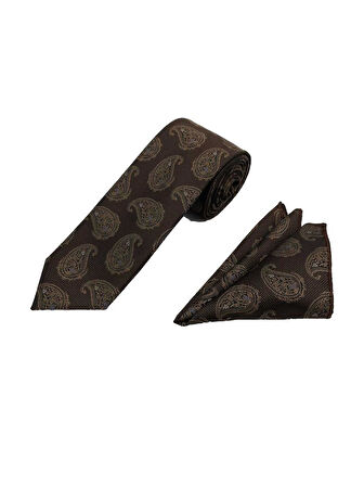 Brianze 7 Cm Kahverengi Şal Desen Kravat Mendil Set