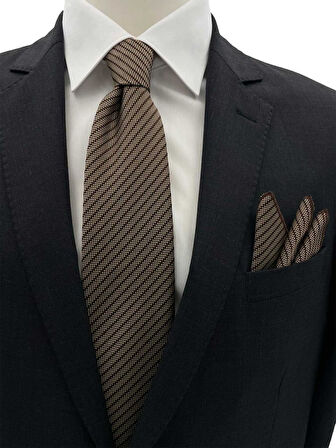 Brianze 7.5 Cm Kahverengi Çizgili Kravat Mendil Set