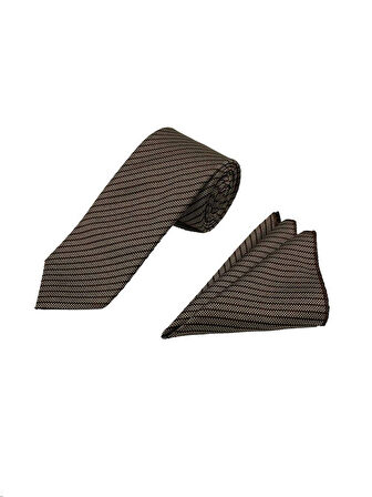 Brianze 7.5 Cm Kahverengi Çizgili Kravat Mendil Set